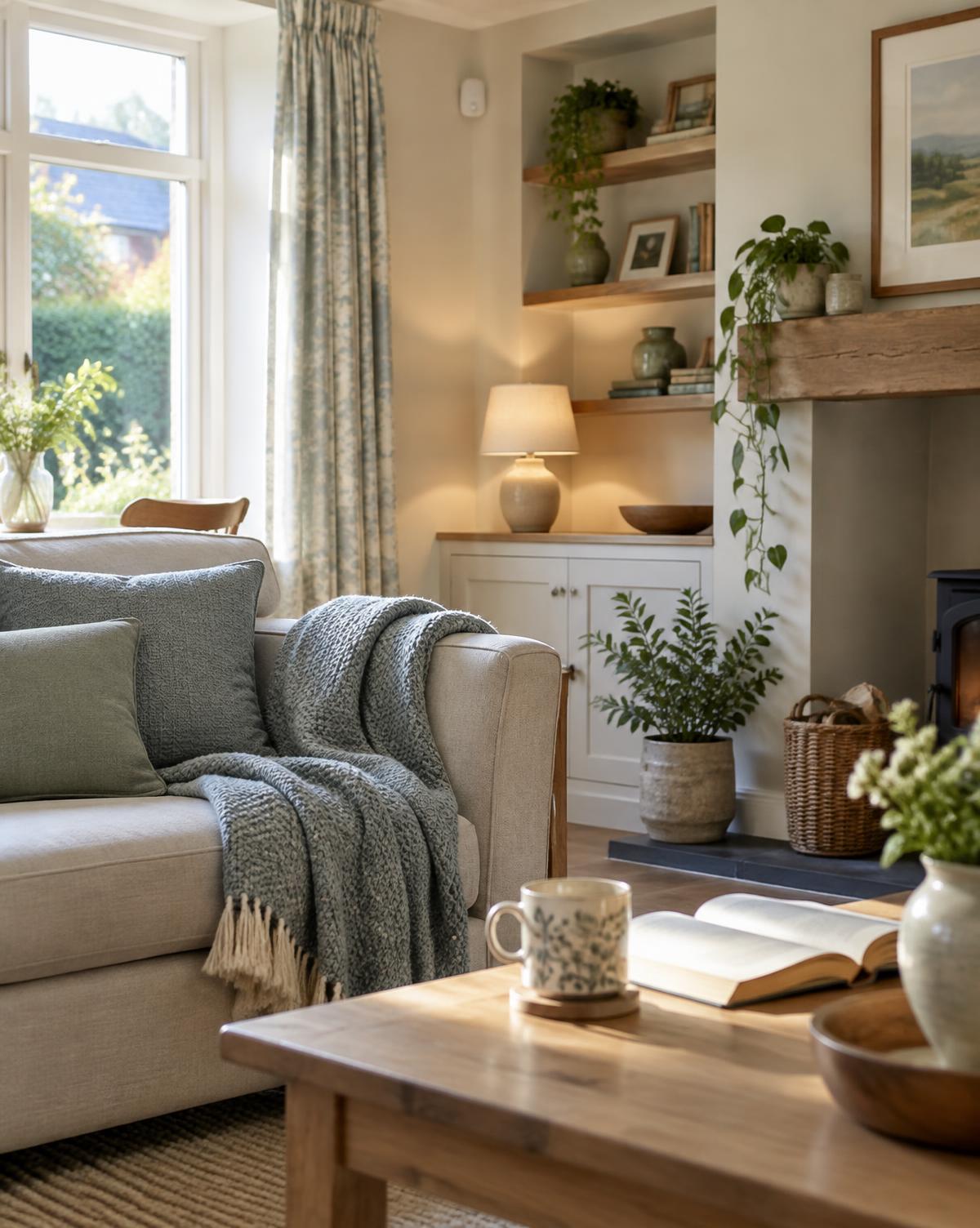 Quiet living room at home with a discreet wall sensor — no cameras, just everyday routine.